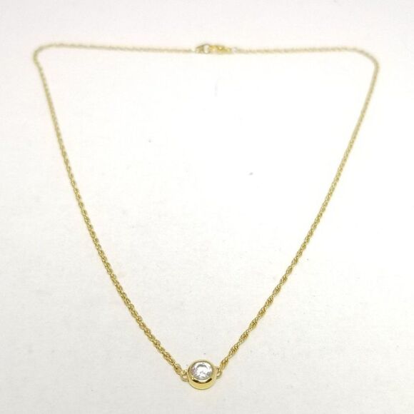 Vintage Solitaire Rhinestone Pendant Necklace, Gold Tone Chain, Minimal Sparkle - Picture 2 of 7